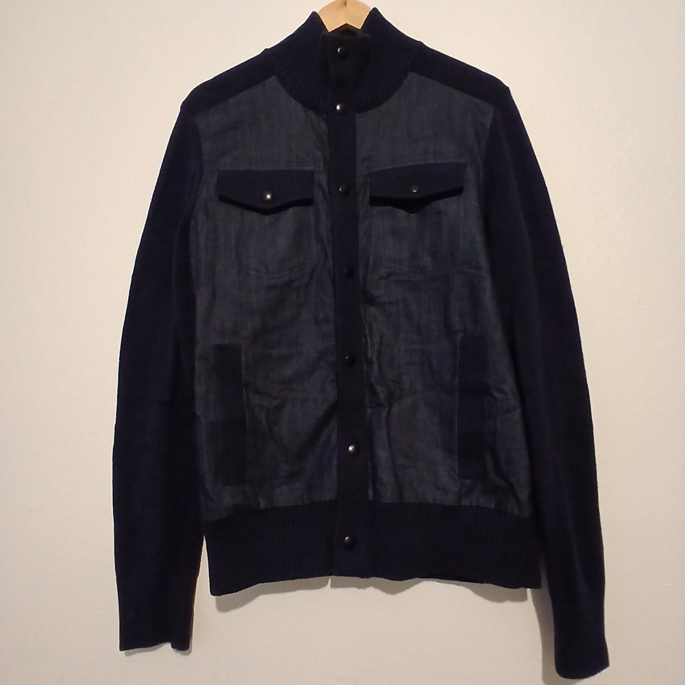 Banana Republic Men Navy Blue Mixed Media Denim Knit Full Zip Jacket Medium NWOT